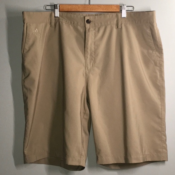 Adidas shorts men’s size 40 tan 100% polyester flat front thin fabric - Picture 1 of 14